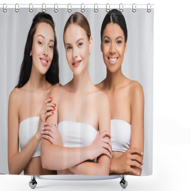 Personality  Happy Multiethnic Women With Bare Shoulders In Tops Isolated On Grey Shower Curtains