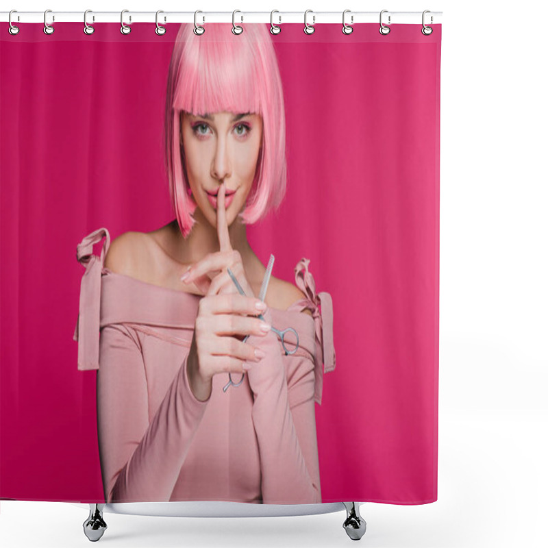 Personality  Beautiful Stylish Girl In Pink Wig Holding Scissors And Showing Silence Symbol Isolated On Pink Shower Curtains