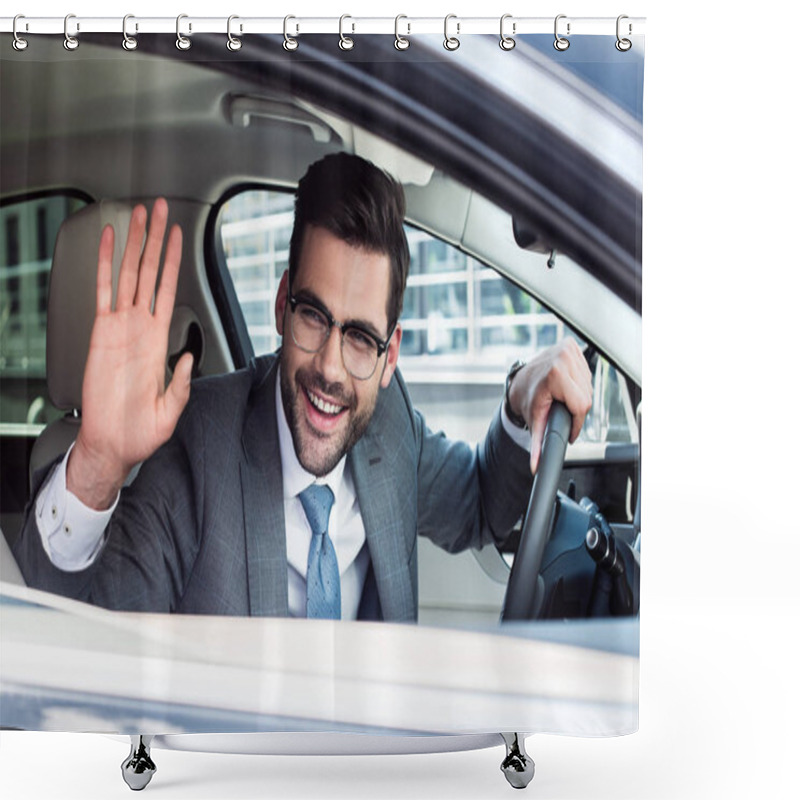 Personality  Side View Of Cheerful Businessman Greeting Someone While Driving Car Shower Curtains