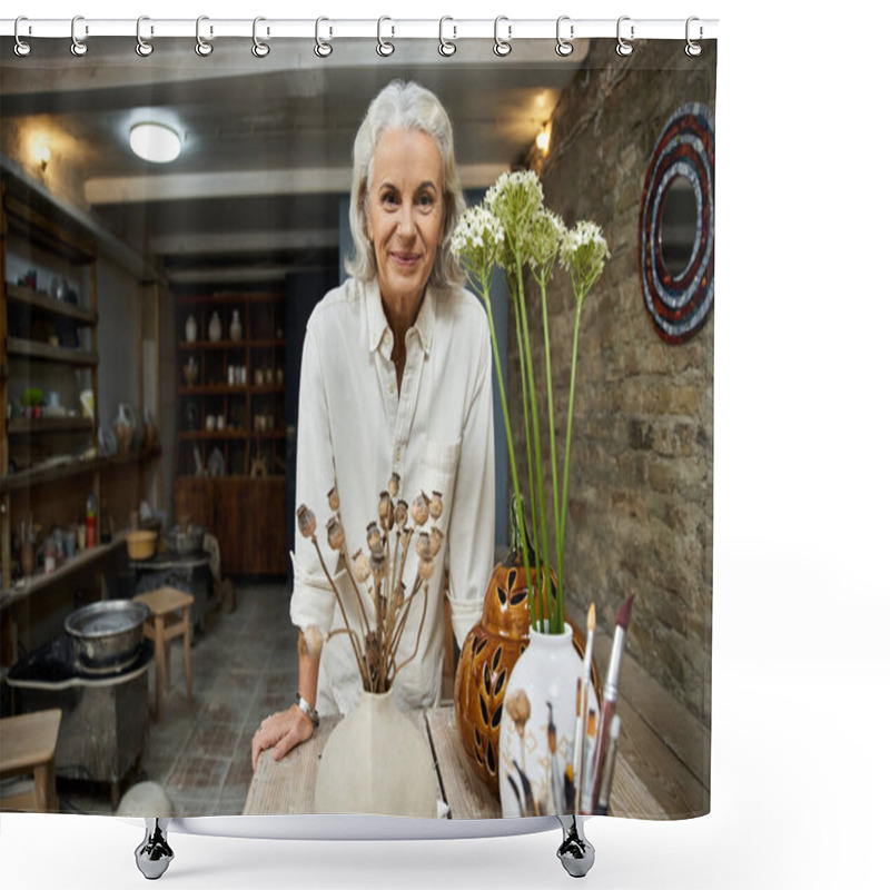 Personality  A Talented Woman Stands In Her Cozy Studio, Smiling As She Displays Her Beautiful Pottery Creations. Shower Curtains