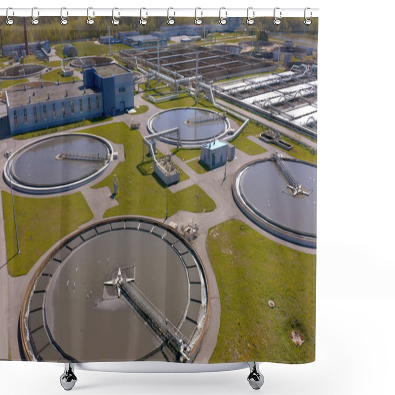 Personality  Aerial View Of The Wastewater Treatment Plant. Pumping Station And Drinking Water Supply. Industrial And Urban Water Treatment For A Big City. Round Sedimentation Tanks. Shower Curtains