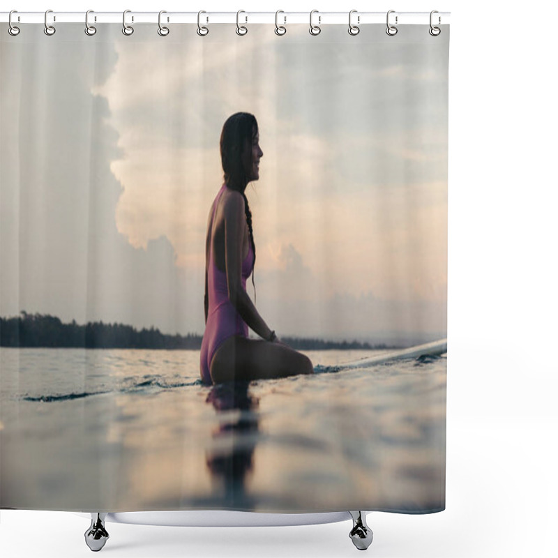 Personality  Happy Female Surfer Sitting On Surfboard In Water At Sunset Shower Curtains