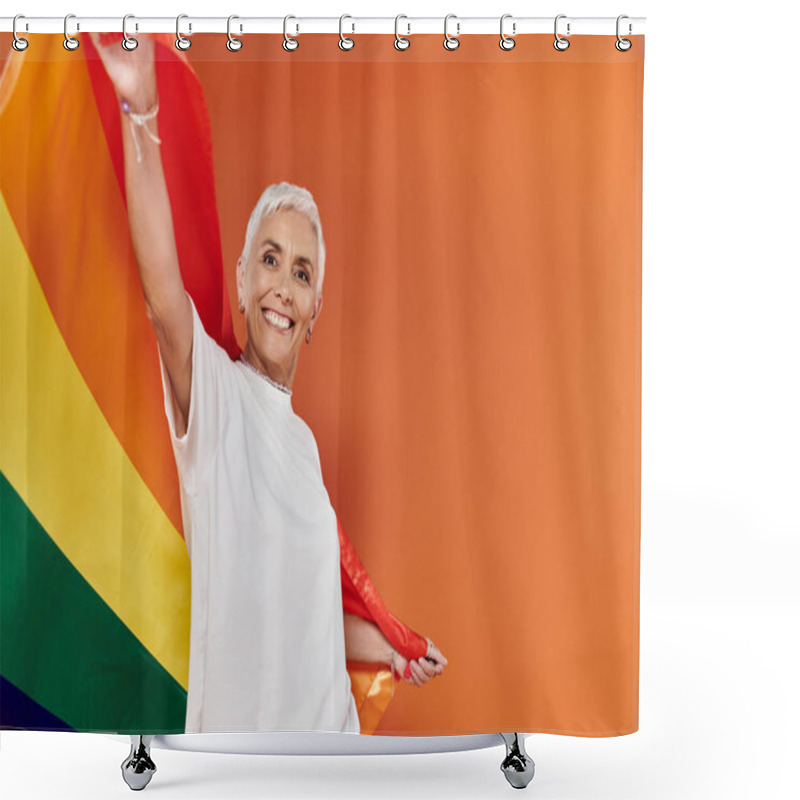 Personality  Mature Woman Joyfully Waves A Rainbow Flag In Vibrant Attire Against A Colorful Backdrop. Shower Curtains