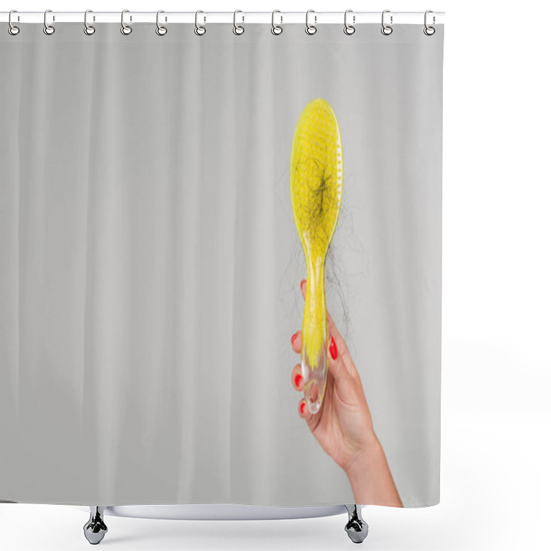 Personality  Cropped View Of Woman With Red Manicure Holding Yellow Hair Brush With Lost Hair Isolated On Grey Shower Curtains