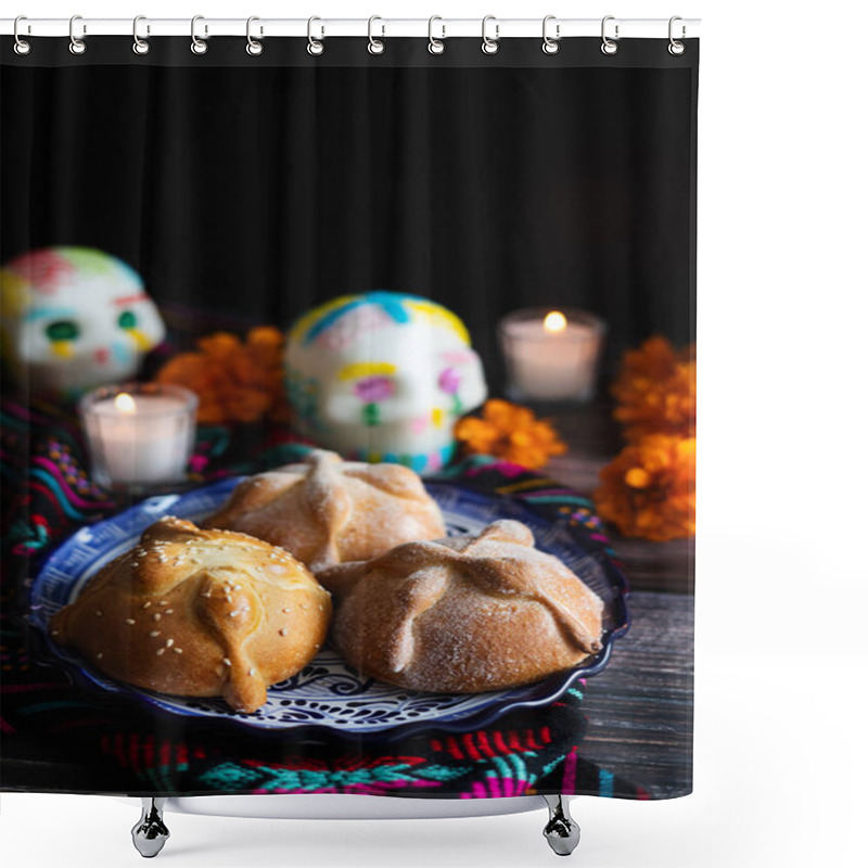 Personality  Mexican Bread On Altar With Sugar Skull And Hot Chocolate Traditional Food For Celebration Of Mexico's Day Of The Dead Shower Curtains