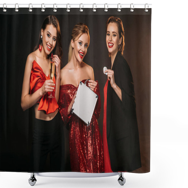 Personality  Smiling Attractive Girls In Party Clothes Holding Money Box, Poker Chips And Glass Of Champagne Isolated On Black, Looking At Camera Shower Curtains