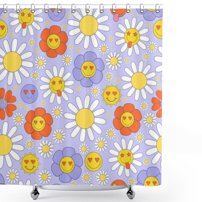 Personality  Retro Floral Seamless Pattern With 70s, 80s Vibes Groovy Elements. Stickers Nostalgia Cartoon Funky Flower Power, Daisy Flowers, Chamomile, Smiley Face On Light Purple Background. Vector Illustration Shower Curtains