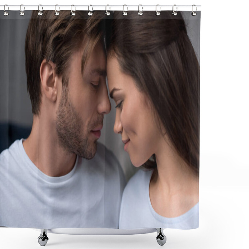 Personality  Romantic Couple Tenderly Hugging In Their Room Shower Curtains