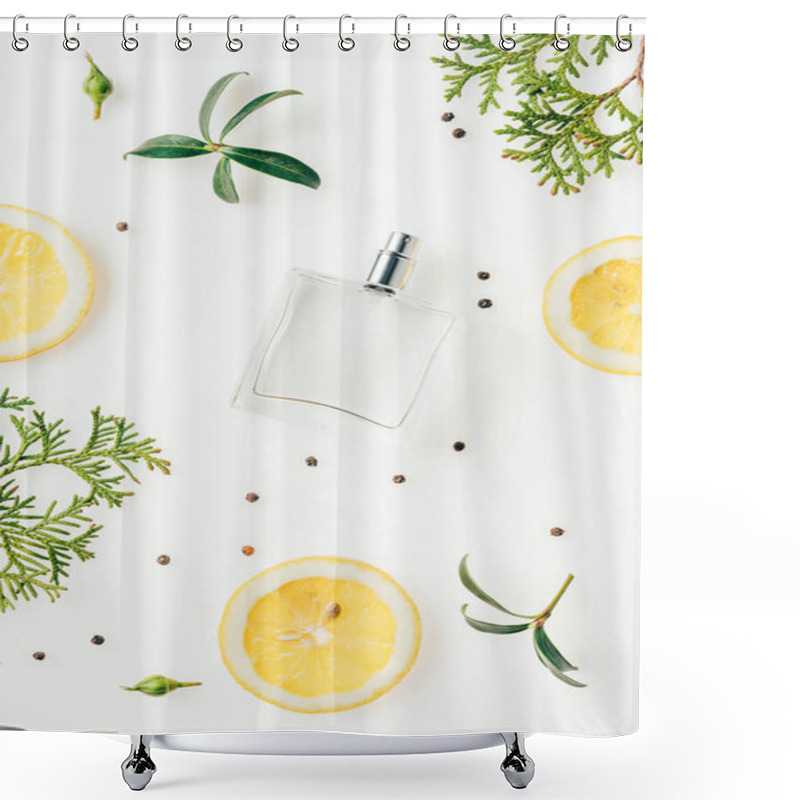 Personality  Top View Of Bottle Of Perfume With Green Branches And Lemon Slices On White Shower Curtains