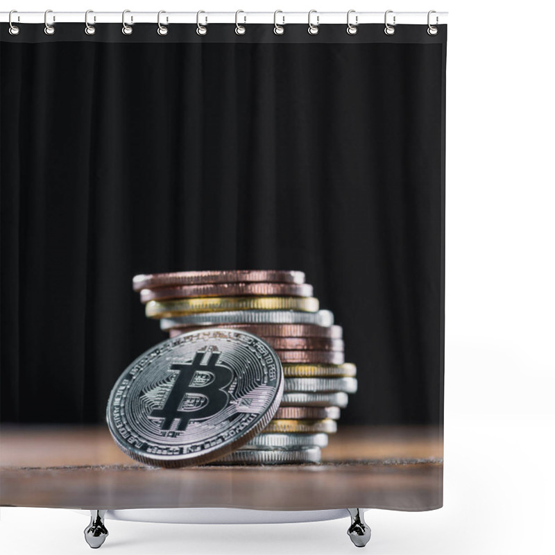 Personality  Close Up View Of Bitcoin Leaning On Stack Of Various Bitcoins On Black Background Shower Curtains