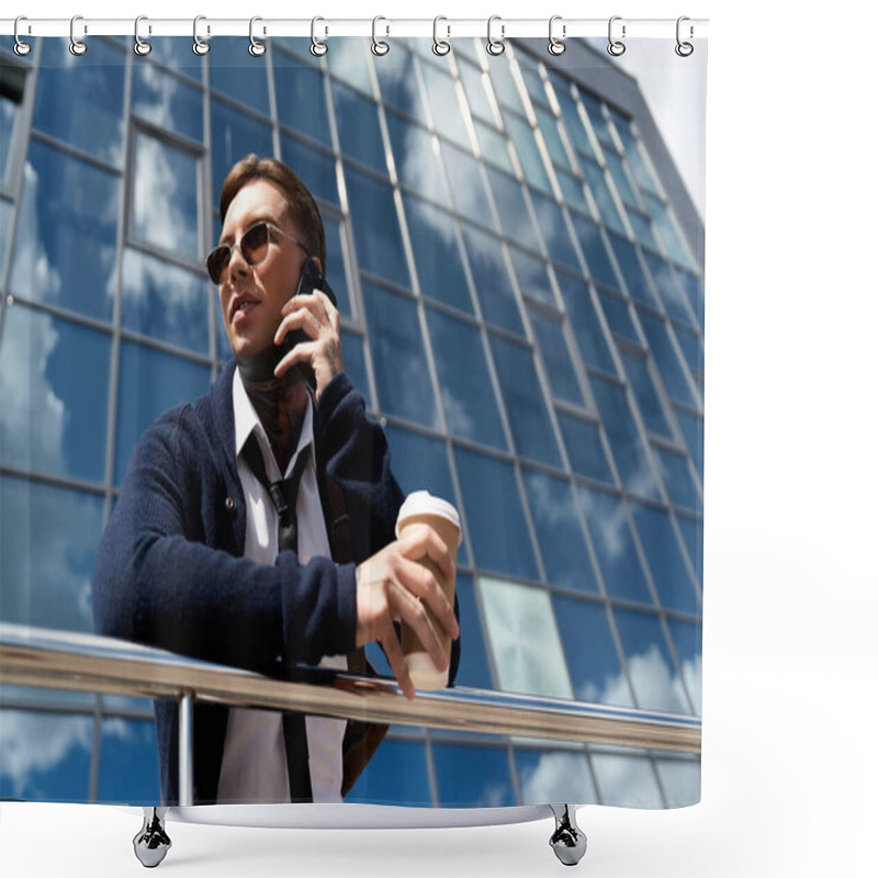 Personality  A Young Handsome Man With Tattoos Enjoys A Coffee While Talking On The Phone By A Glass Building. Shower Curtains