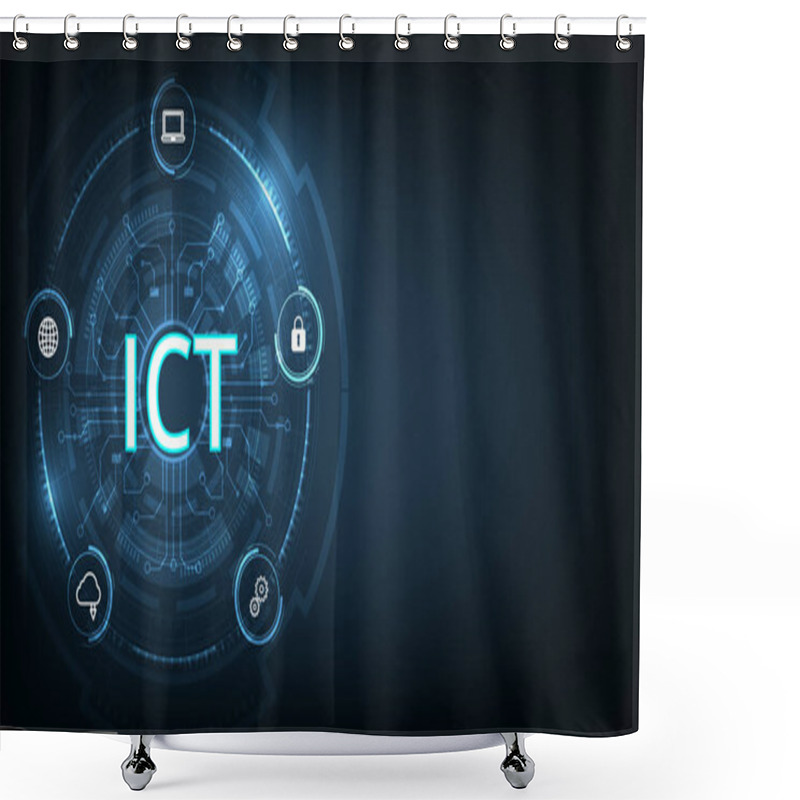 Personality   Information And Communication Technology Concept(ICT).Information And Communication Technology On Dark Blue Background.Wireless Communication Network. Intelligent System Automation.  Shower Curtains