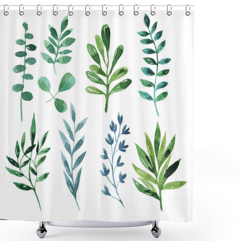 Personality  Decorative Green And Blue Leaves Collection Isolated On White Background. Hand Drawn Watercolor Illustration. Shower Curtains