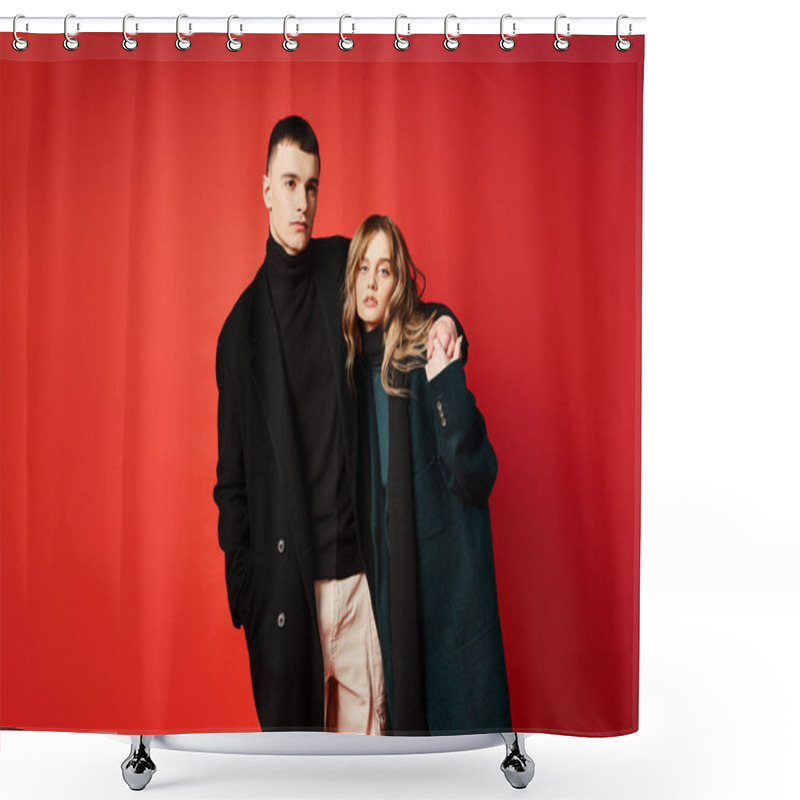 Personality  Elegant Woman In Coat Looking At Camera And Posing Lovingly With Her Boyfriend On Red Backdrop Shower Curtains