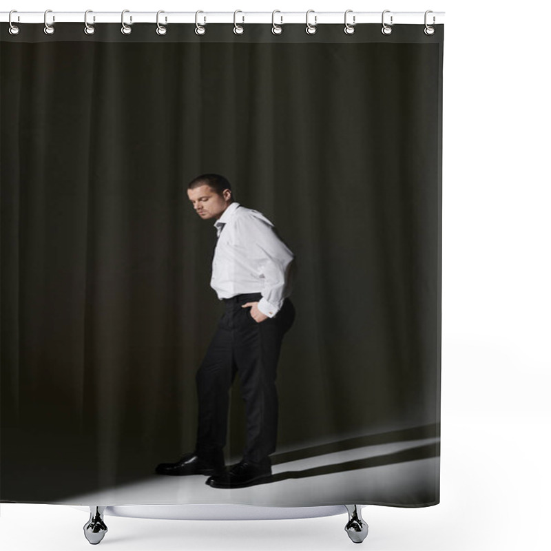 Personality  A Man In A White Shirt And Black Pants Stands In A Dark Room, Illuminated By A Single Spotlight. Shower Curtains