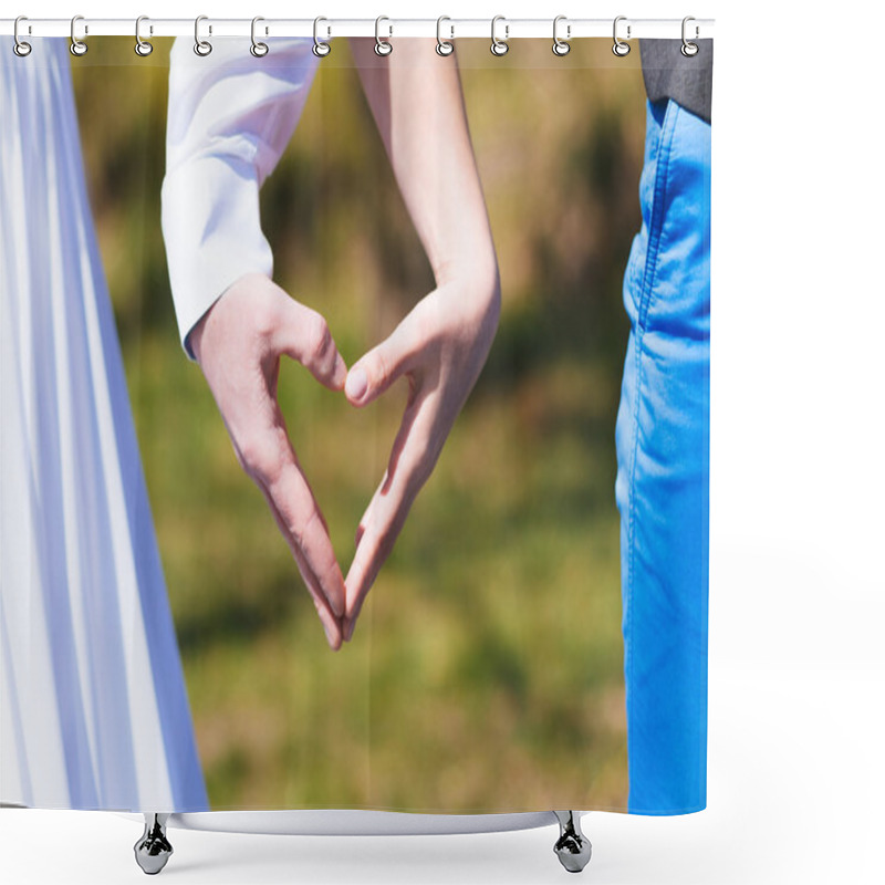 Personality  Bride And Groom Make Heart With Hands Shower Curtains