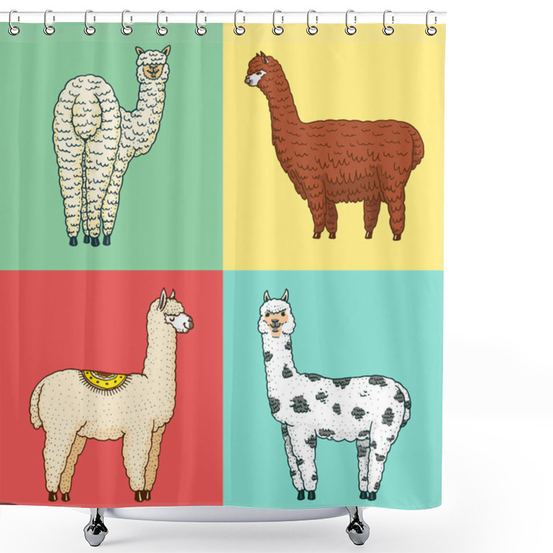 Personality  Set Of Cute Alpaca Llamas Or Wild Guanaco On The Background Of Cactus And Mountain. Funny Smiling Animals In Peru For Cards, Posters, Invitations, T-shirts. Hand Drawn Elements. Engraved Sketch. Shower Curtains