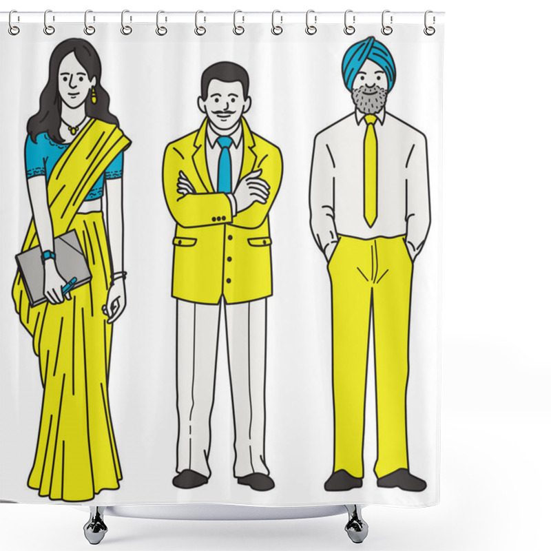 Personality  Vector Illustration Full Length Character Of Indian Businessman And Businesswoman, Man In Suits And Sikh Turban, Woman In Traditional Saree.  Outline, Thin Line Art, Linear Style. Shower Curtains