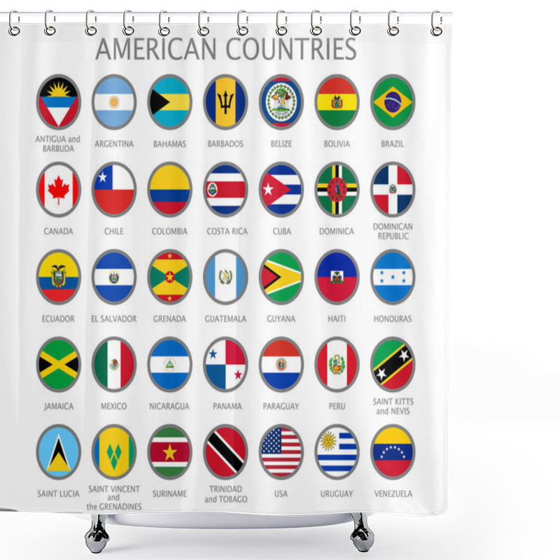 Personality  All National Flags Of The Countries Of American Continents In Alphabetical Order. Official Colors Flags And Round Design. Vector Illustration Shower Curtains