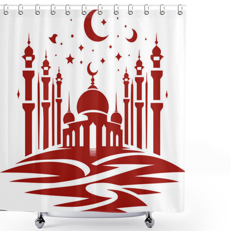 Personality  Minimalist Red Mosque Silhouette With Crescent Moon And Stars Shower Curtains