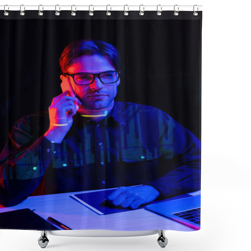 Personality  Programmer In Eyeglasses Talking On Cellphone Near Laptop And Paper Folder Isolated On Black  Shower Curtains