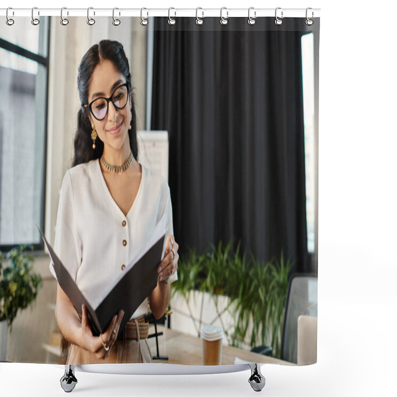 Personality  A Dynamic Indian Woman With Glasses Handling A Folder In A Professional Office Setting. Shower Curtains