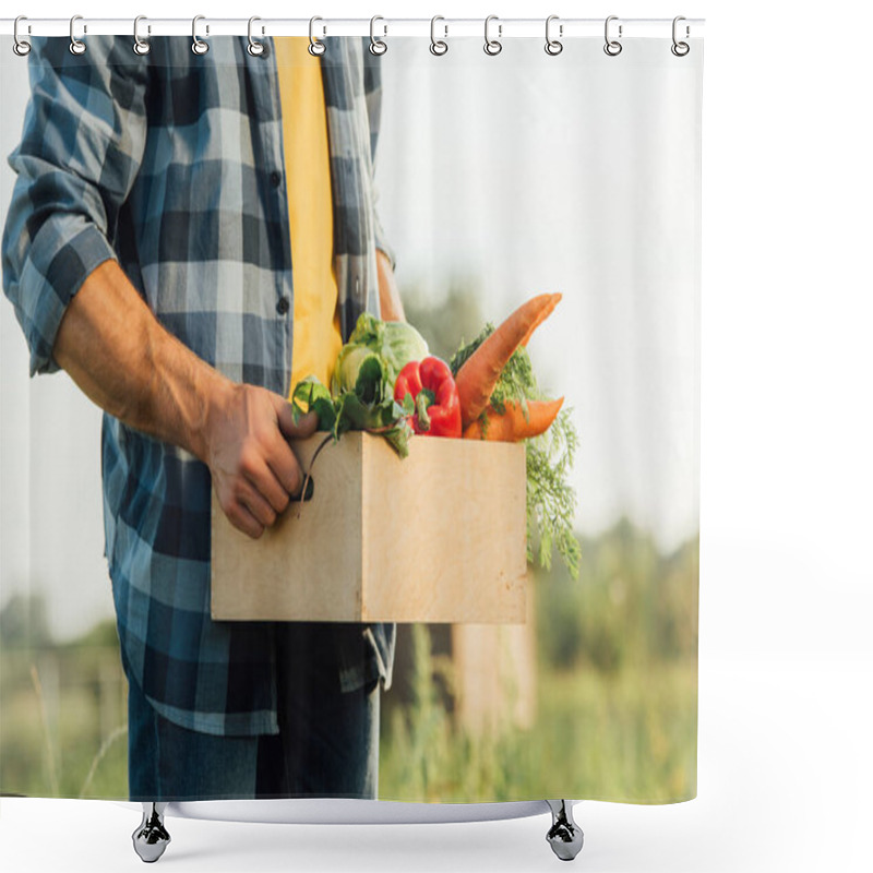 Personality  Partial View Of Farmer In Plaid Shirt Holding Box With Ripe Vegetables  Shower Curtains