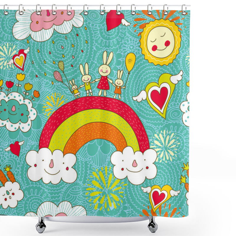 Personality  Cheerful Rabbits Walk Over The Rainbow Shower Curtains