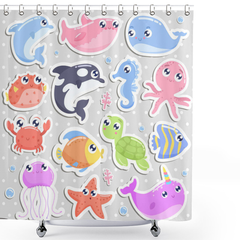 Personality  Cute Cartoon Sea Animal Stickers. Flat Design Shower Curtains