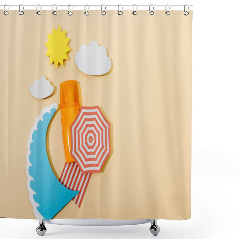 Personality  Top View Of Paper Cut Summer Beach And Bottle Of Sunscreen On Beige Background Shower Curtains