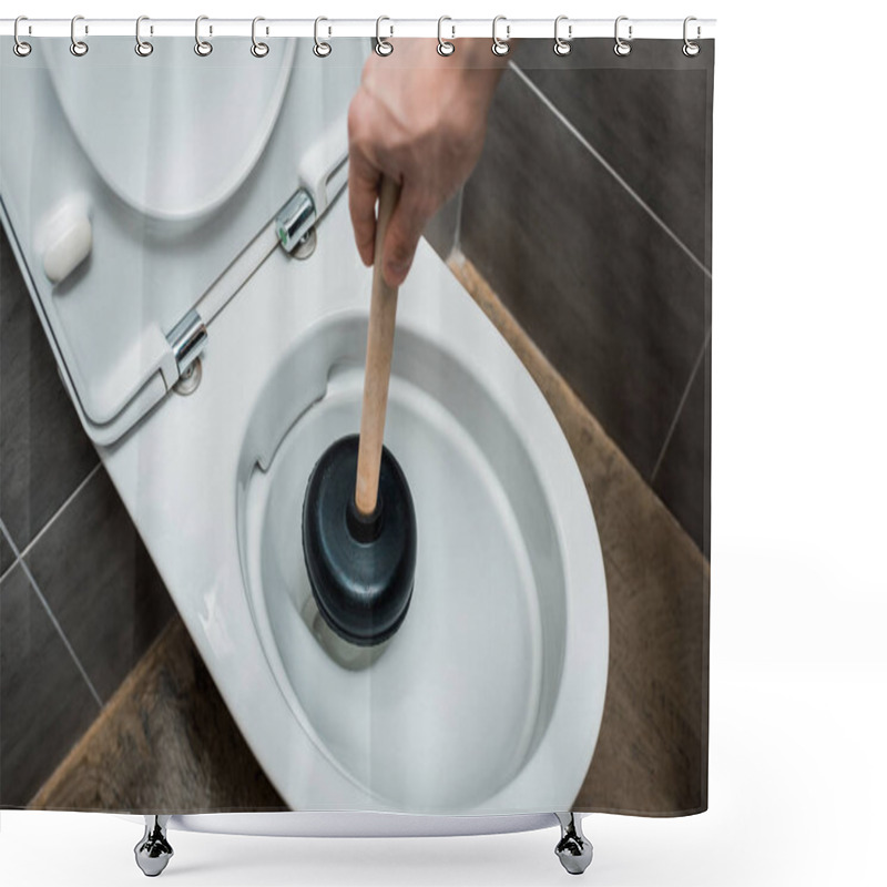 Personality  Cropped View Of Plumber Using Plunger In Toilet Bowl In Modern Restroom With Grey Tile Shower Curtains