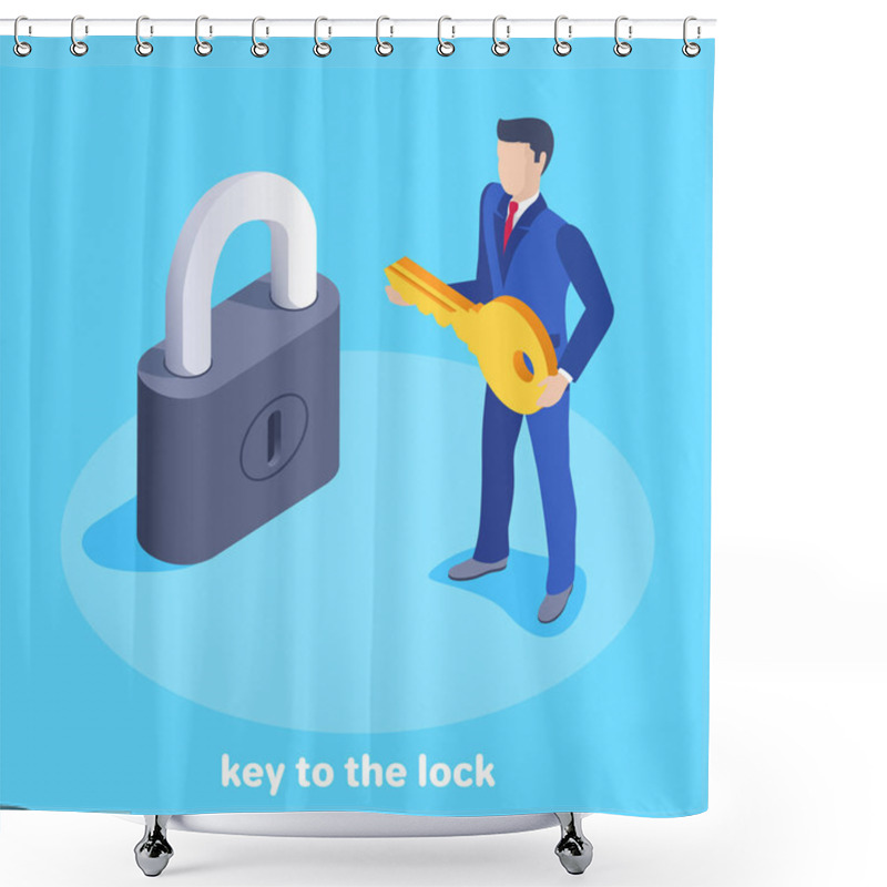 Personality  Isometric Vector Image On A Blue Background, A Man In A Business Suit With A Golden Key Stands Near A Large Black Padlock, Key To The Lock Shower Curtains