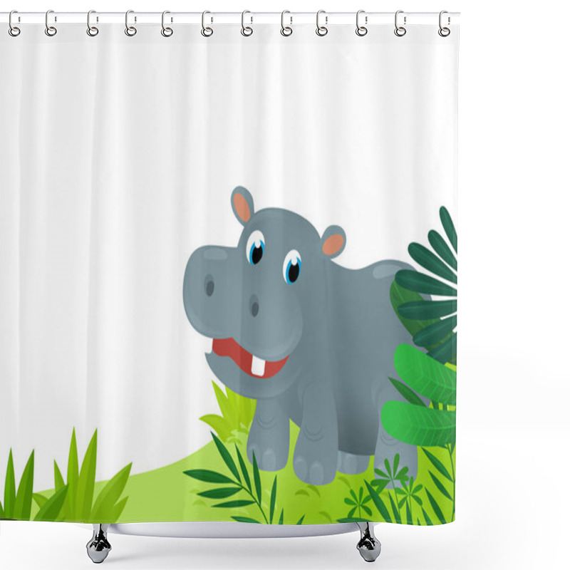 Personality  Cartoon Scene With Jungle And Animals Like Hippo Being Together As Frame Illustration For Kids Shower Curtains