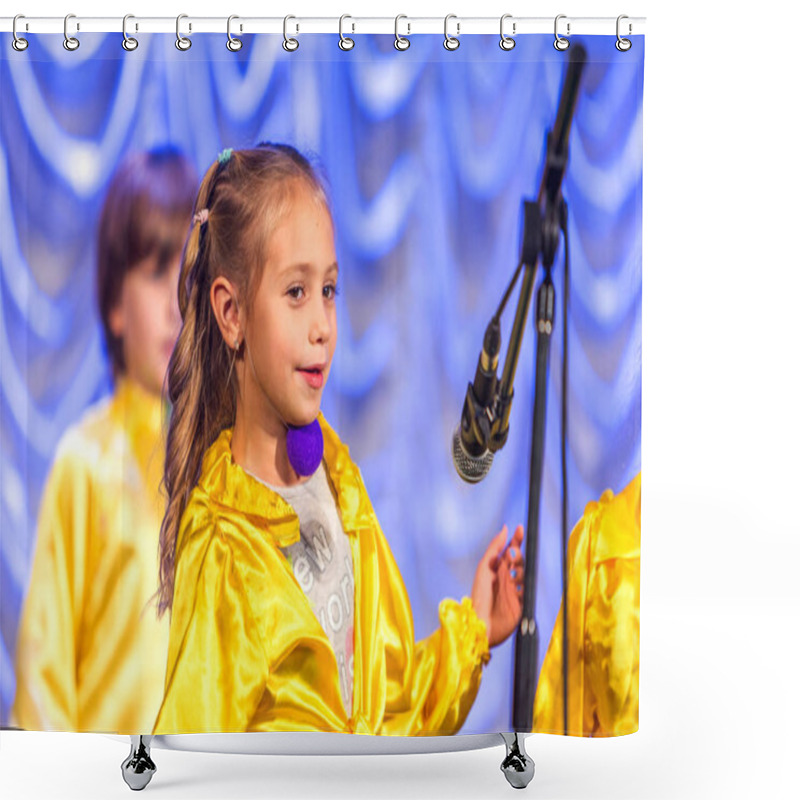 Personality  Odessa, Ukraine - December 24, 2015: Children's Musical Groups Singing And Dancing On Stage In Bright Colorful Clothes. Emotional, Touching Children's Musical Stage Show. Shower Curtains