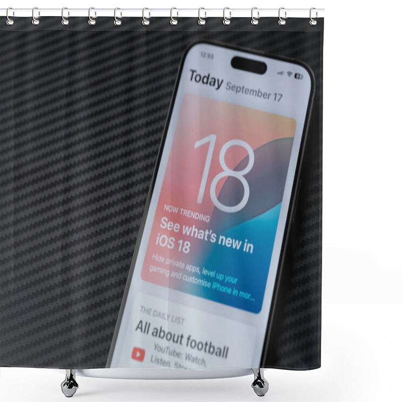 Personality  New York, USA - September 17, 2024: Updating Iphone Firmware To IOS 18 On Screen Macro Close Up View  Shower Curtains