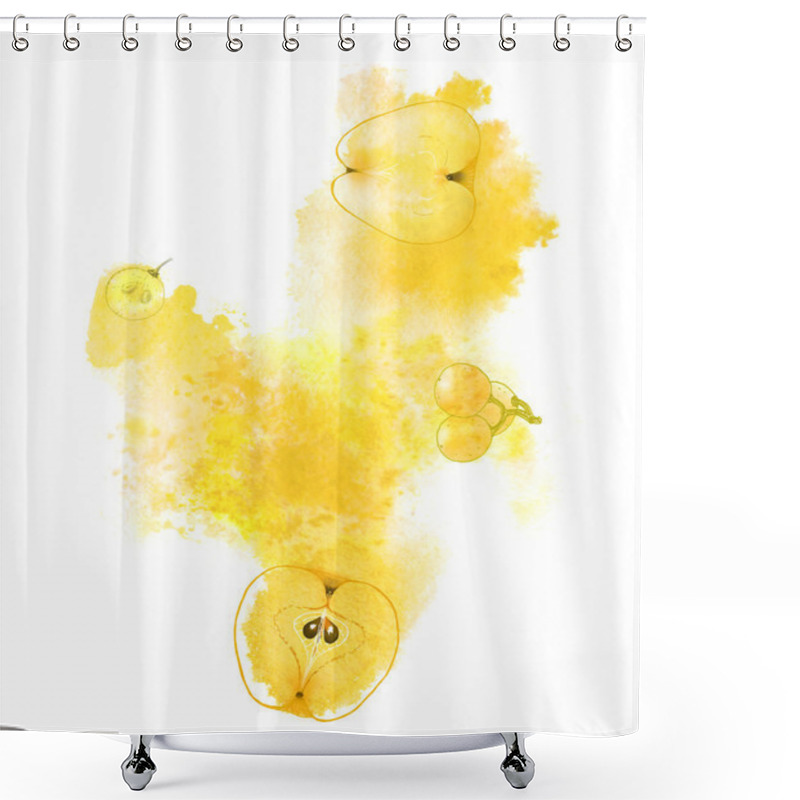 Personality  Sunny Apples And Grapes And Yellow Splash On White Background. Hand-painted Abstract Illustration Shower Curtains