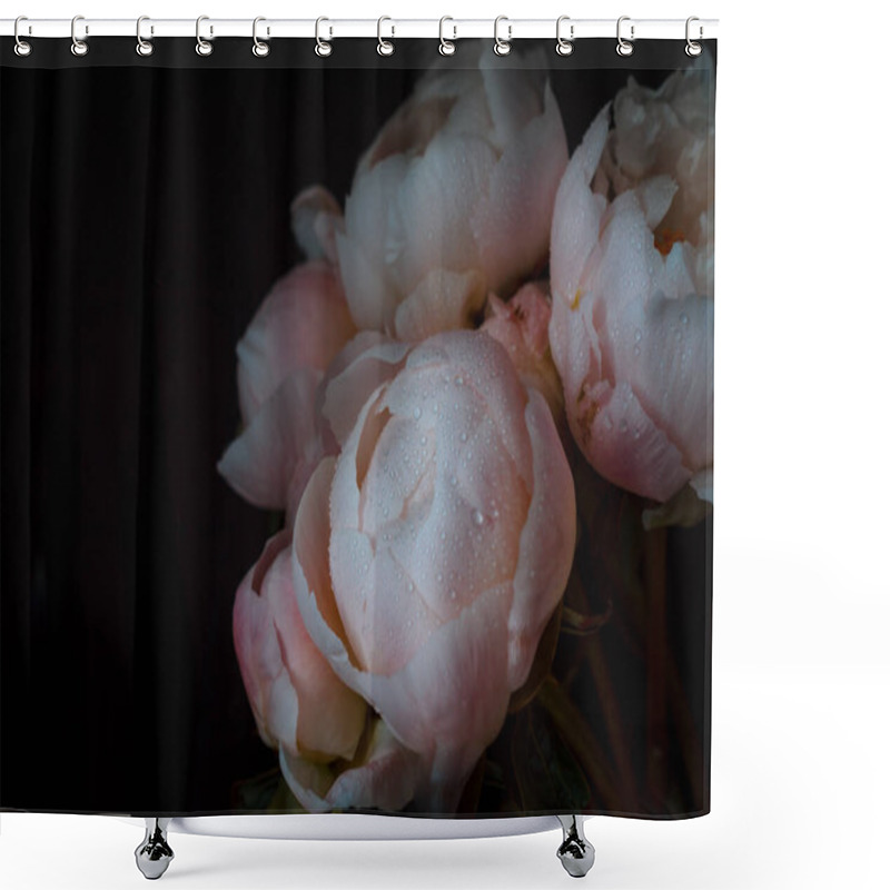 Personality  Pink Peonies With Dewdrops On An Isolated Black Background. Greeting Card Concept. Poster On The Wall. Shower Curtains