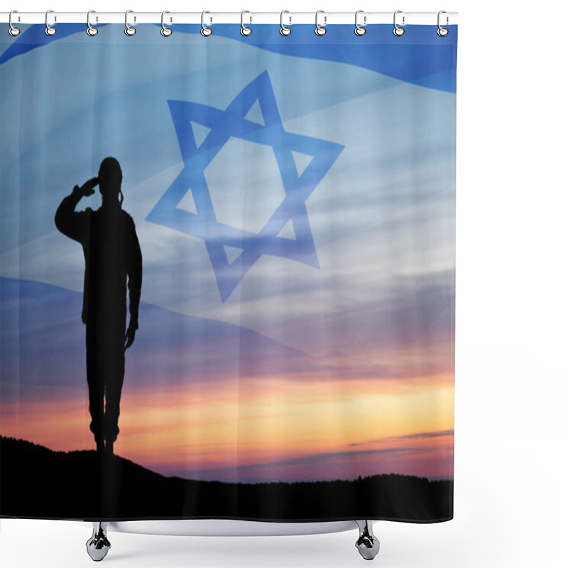 Personality  Silhouette Of Soldier Saluting Against The Sunrise In The Desert And Israel Flag. Concept - Armed Forces Of Israel. Shower Curtains