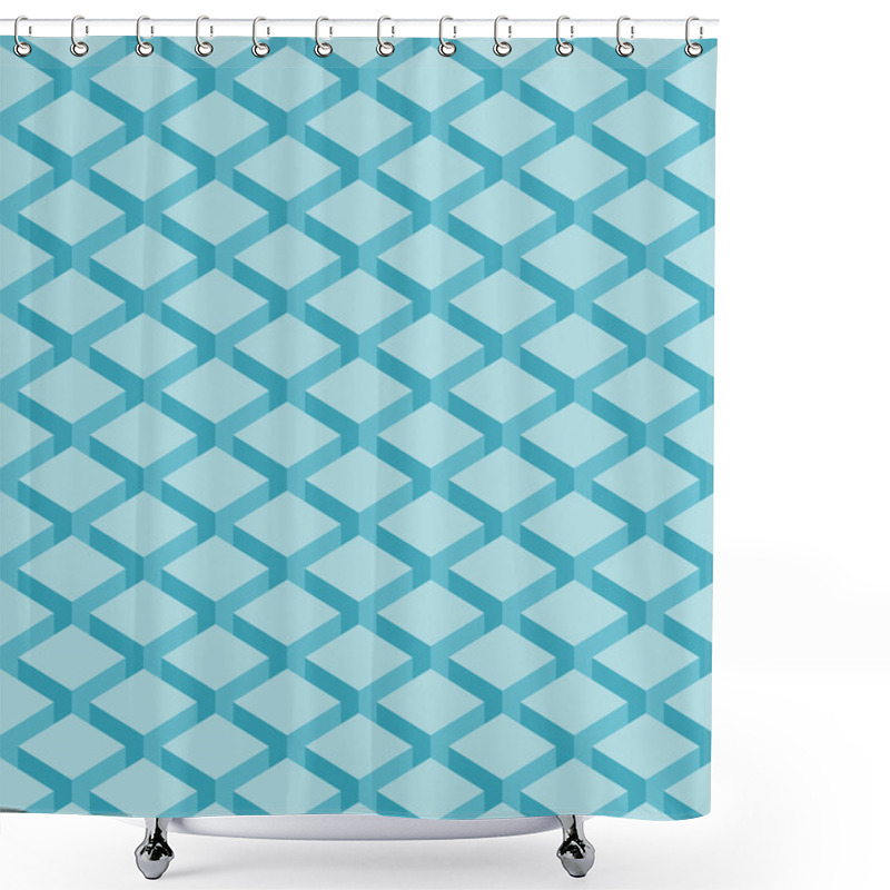 Personality  Seamless Pattern Blue Background. Surface With 3-D Effect Cubes In Perspective. Old Retro Wallpaper With Repetition Geometric Shape. Shower Curtains