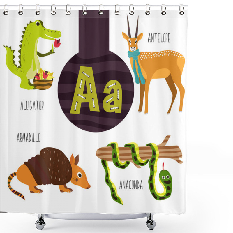 Personality  Fun Animal Letters Of The Alphabet For The Development And Learning Of Preschool Children. Set Of Cute Forest, Domestic And Marine Animals With The Letter A. Vector Illustration Shower Curtains