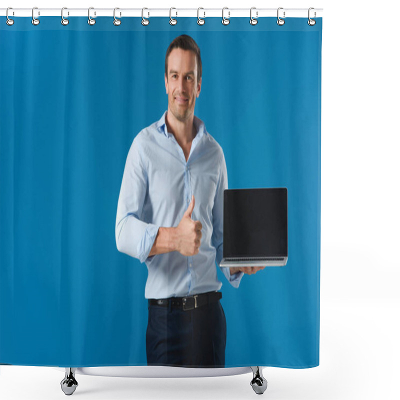 Personality  Handsome Man Holding Laptop With Blank Screen, Showing Thumb Up And Smiling At Camera Isolated On Blue Shower Curtains