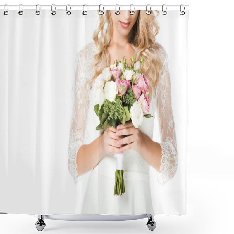 Personality  Cropped Shot Of Young Bride With Bridal Bouquet Isolated On White Shower Curtains