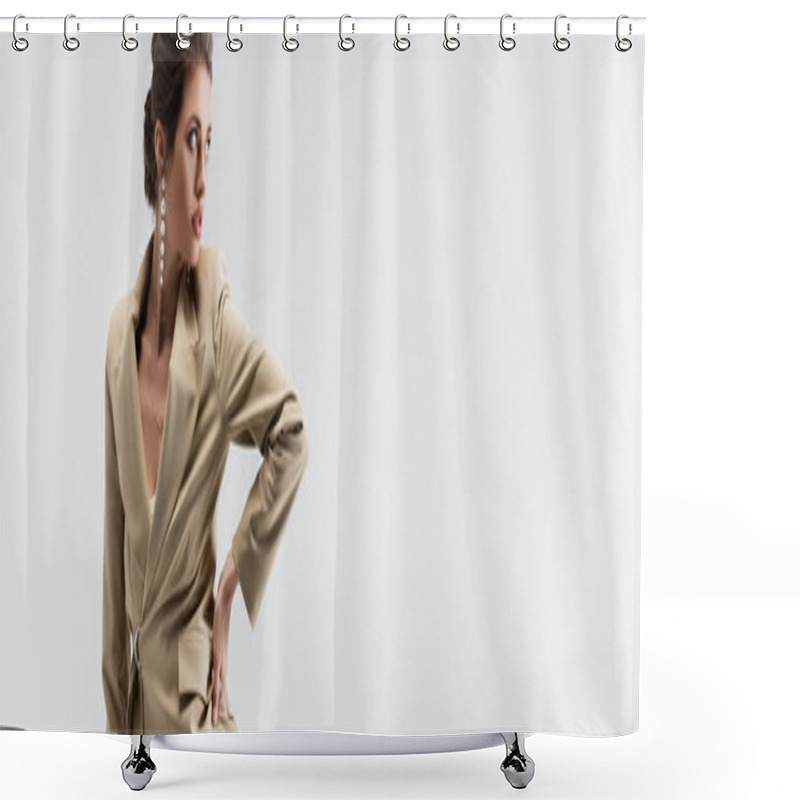 Personality  Sensual Brunette Woman Looking Away While Posing With Hand On Hip Isolated On Grey, Banner Shower Curtains