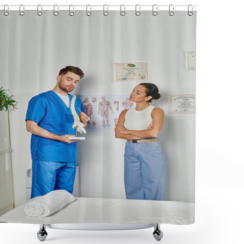 Personality  Good Looking Doctor In Blue Medical Costume Showing Spine Model To His Beautiful Patient, Healthcare Shower Curtains