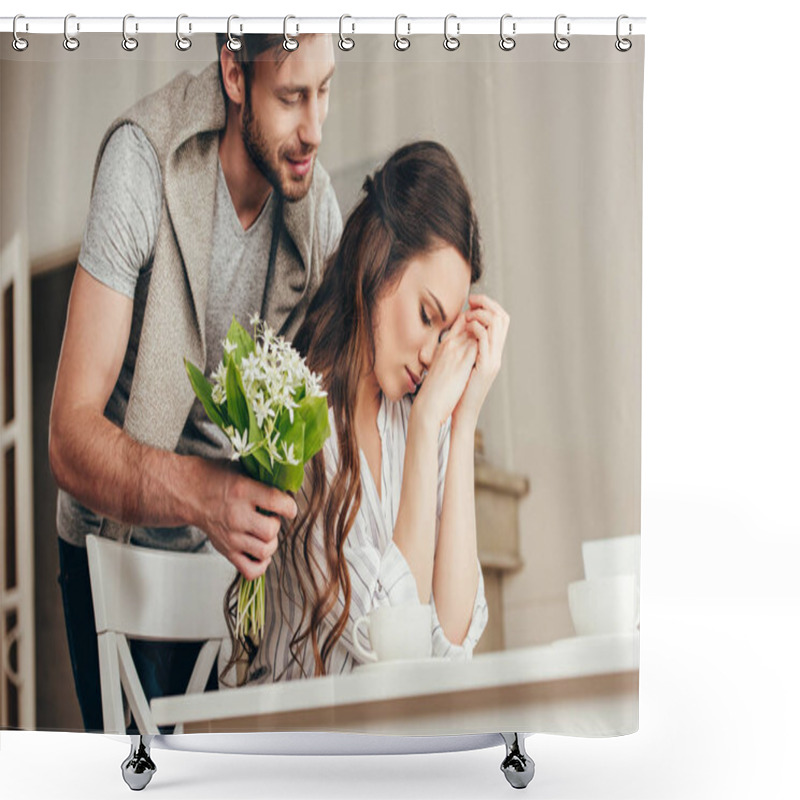 Personality  Man Presenting Flowers To Girlfriend At Home Shower Curtains