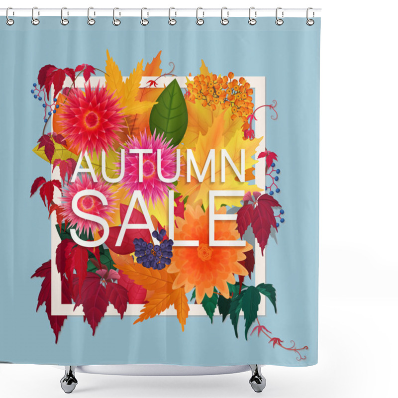 Personality  Autumn Sale Discount Banner. Modern Style Poster With Golden Orange Foliage Leaves, Flowers And Berries. Shower Curtains