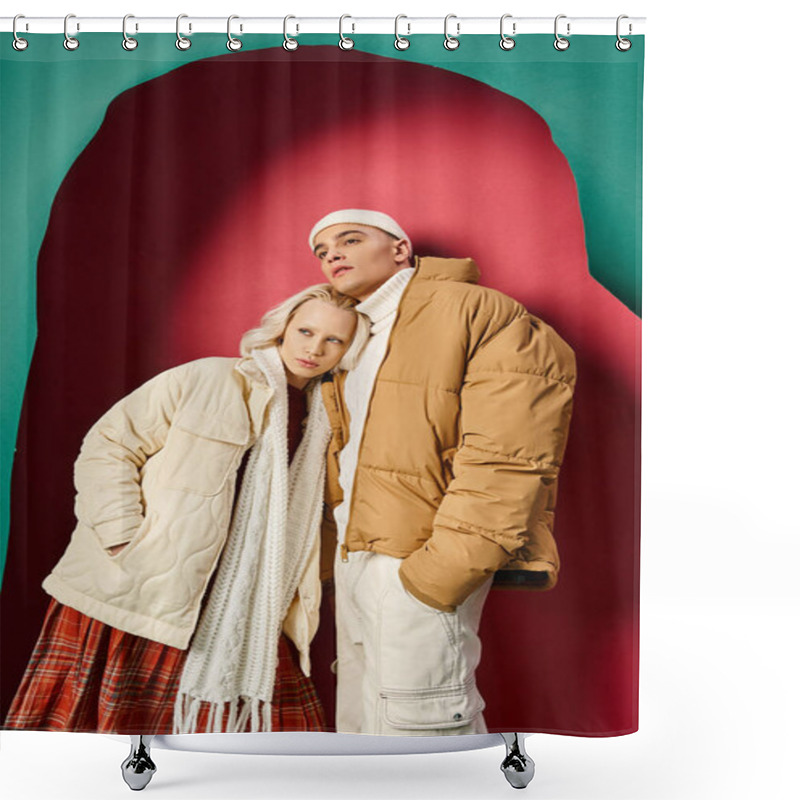 Personality  Young Romantic Couple In Winter Outfits Standing Together Near Torn Turquoise And Red Background Shower Curtains