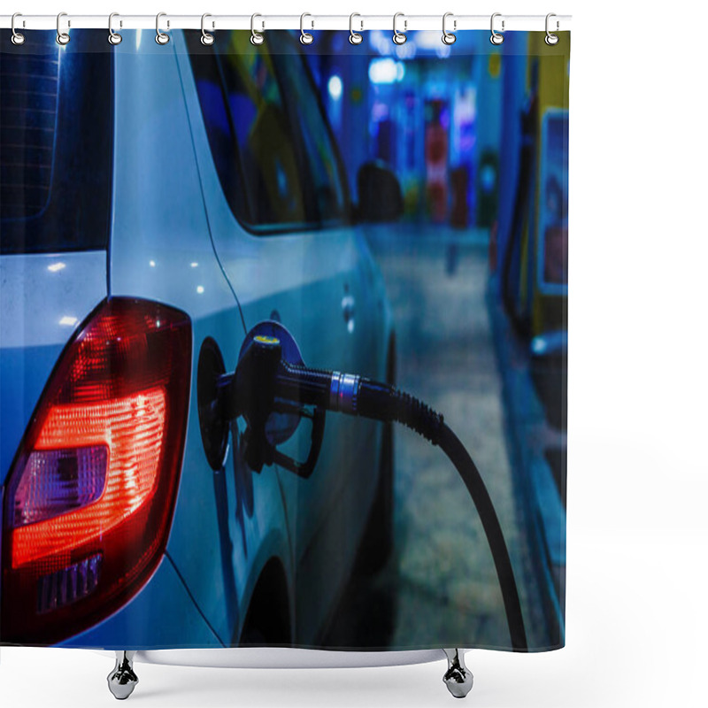 Personality  Car Refueling On Petrol Station In Winter At Night Closeup  Shower Curtains