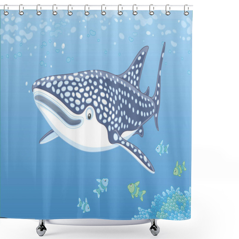 Personality  Big Whale Shark And Small Coral Fishes Swimming Over A Reef In Blue Water Of A Tropical Sea, Vector Illustration In A Cartoon Style Shower Curtains