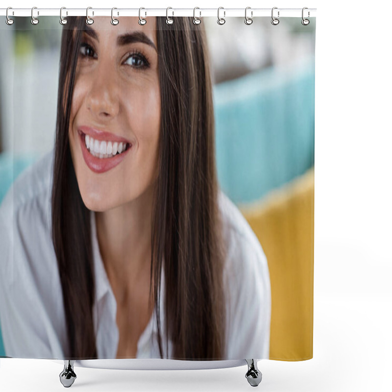 Personality  Close Up Cropped Portrait Of Cheerful Peaceful Stunning Girl Beaming Smile Good Mood Enjoy Pastime Apartment Inside. Shower Curtains